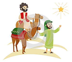 Three wise men on camels going to Bethlehem