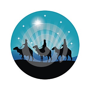 Three wise men on camels icon. Vector graphic