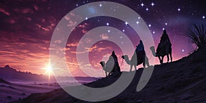 Three Wise Men And Camels Journeying Towards The Shining Bethlehem Star photo