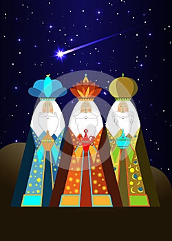 Three wise men Christmas. Three biblical Kings, Caspar, Melchior and Balthazar. Bethlehem Nativity concept, Happy Epiphany photo