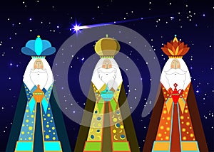 Three wise men Christmas. Three biblical Kings, Caspar, Melchior and Balthazar. Bethlehem Nativity concept, Epiphany symbol