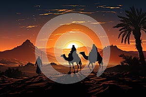 Three wise men in the desert go to worship the baby Jesus. Christmas. AI generation