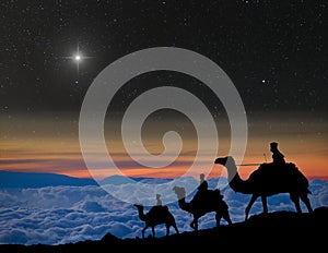 Three wise men follow the Christmas star