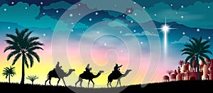 The three wise men follow the guiding star to Bethlehem