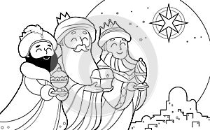 Three wise men with gifts to Bethlehem coloring page