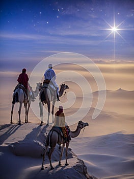 Three Wise Men (Magi) Led By A Star To Meet Jesus in Bethlehem Christmas Theme