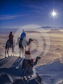 Three Wise Men (Magi) Led By A Star To Meet Jesus in Bethlehem Christmas Theme