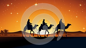 Three wise men in their journey to Bethlehem following the stars