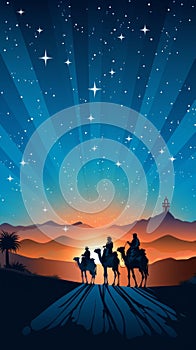 Three wise men in their journey to Bethlehem following the stars. Vertical