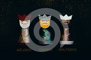 The three wise men with their names and sparkling glitter. Concept for Dia de Reyes Magos day,Three Wise Men photo