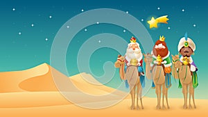 Three Wise Men or Three Kings or Mags bring gifts to the little born Jesus - desert landscape - vector illustration