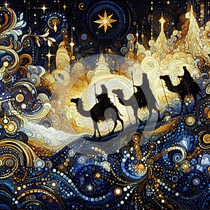 Three wise men travel to Bethlehem