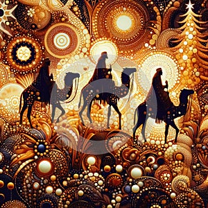 Three wise men travel to Bethlehem