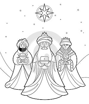 The Three Wise Men under the star of Bethlehem coloring page