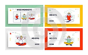 Three Wise Monkeys Landing Page Template Set. Women Characters Closing Eyes, Ears, Mouth Do Not See, Hear and Speak Evil