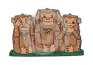 Three wise monkeys. mystic apes. See no evil, hear no evil, speak no evil. Vector character illustration, isolated on