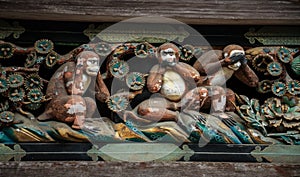 3 wise monkeys wood carvings, Toshogu shrine, tochigi prefecture, Japan photo