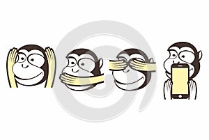 Three wise monkeys vector character illustration. See no evil, hear no evil, speak no evil  and mobile lover