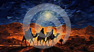 Three wisemen journey to Bethlehem at night, AI-generated.