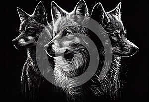 Three wolves on a black background. Generative AI.