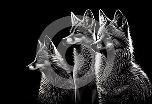 Three wolves on a black background. Generative AI.