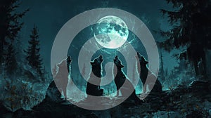 Three Wolves Howling at a Mystic Moonlit Night