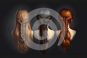 Three woman from behind with different hairstyles for a long hair