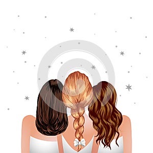 Three woman standing together. Girl best friends back view.