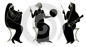 Three women in the ancient Greek style. Goddesses Nymphs. Muses of lyric and song, history and astronomy