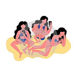 Three women in bikini use a smartphone. Vector illustration