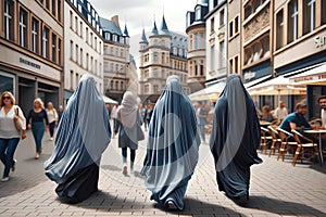three women in a burqa walk along a busy street of a European city, rear view photo