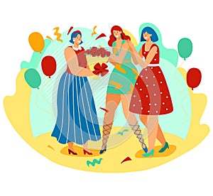 Three women celebrating, one receiving gifts and flowers at a festive party with balloons. Joyful friends partying with