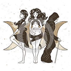 Three women figures, symbol of Triple goddess as Maiden, Mother and Crone, moon phases. Hekate, mythology, wicca, witchcraft.