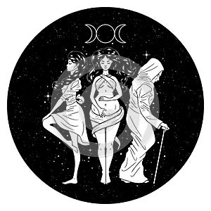 Three women figures, symbol of Triple goddess as Maiden, Mother and Crone, moon phases. Hekate, mythology, wicca, witchcraft.