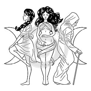 Three women figures, symbol of Triple goddess as Maiden, Mother and Crone, moon phases. Hekate, mythology, wicca, witchcraft.