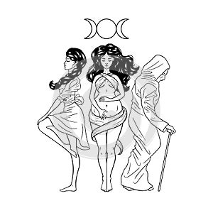 Three women figures, symbol of Triple goddess as Maiden, Mother and Crone, moon phases. Hekate, mythology, wicca, witchcraft.