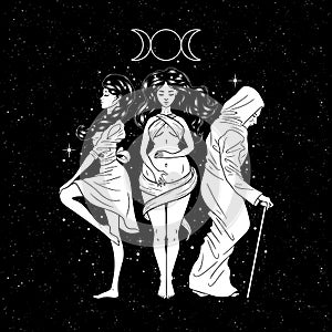 Three women figures, symbol of Triple goddess as Maiden, Mother and Crone, moon phases. Hekate, mythology, wicca, witchcraft.