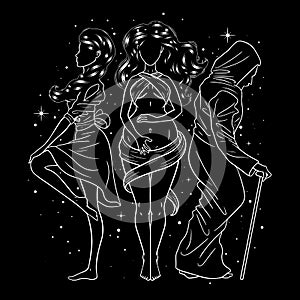 Three women figures, symbol of Triple goddess as Maiden, Mother and Crone, moon phases. Hekate, mythology, wicca, witchcraft. photo