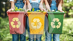 Three women holding recycling bins with the words recycle, compost and trash on them, AI