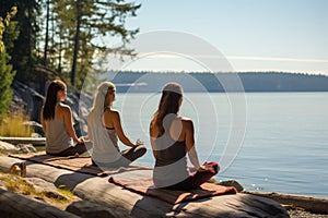 Three Women Meditating By A Tranquil Lake In The Morning Sun photo