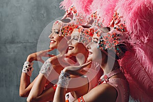 Three Women profile portrait in samba or lambada costume with pink feathers plumage