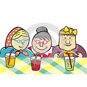 Three women, seniors at canteen at retirement house, vector illustration