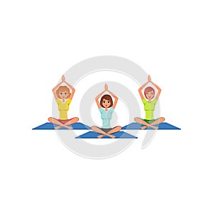 Three women sitting in lotus position with hands up. Physical activity and healthy lifestyle. Cartoon sporty people
