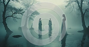 Three women standing in a body of water, one of them is wearing a white dress.
