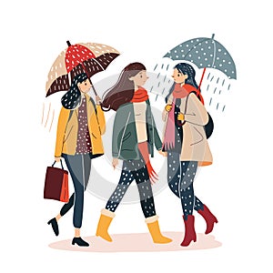 Three women walk together during rainfall, two holding umbrellas, wearing stylish rainwear boots photo