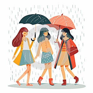 Three women walking under umbrellas during rain shower, wearing coats, displaying casual fashion photo