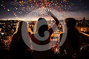 three women watching fireworks explode over a city at night