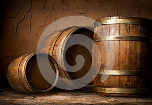 Three wooden barrels