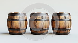 Three Wooden Barrels Isolated on Empty Background: High-Quality Rendering for Storage and Decorative Projects