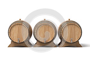 Three wooden barrels in a row on white